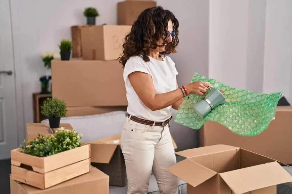 a woman wraps a coffee pot in green bubble wrap. There are boxes and plants surrounding her.