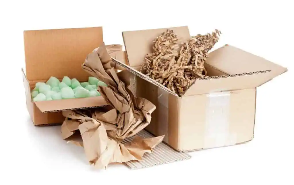 various types of packing material like peanuts and paper in boxes