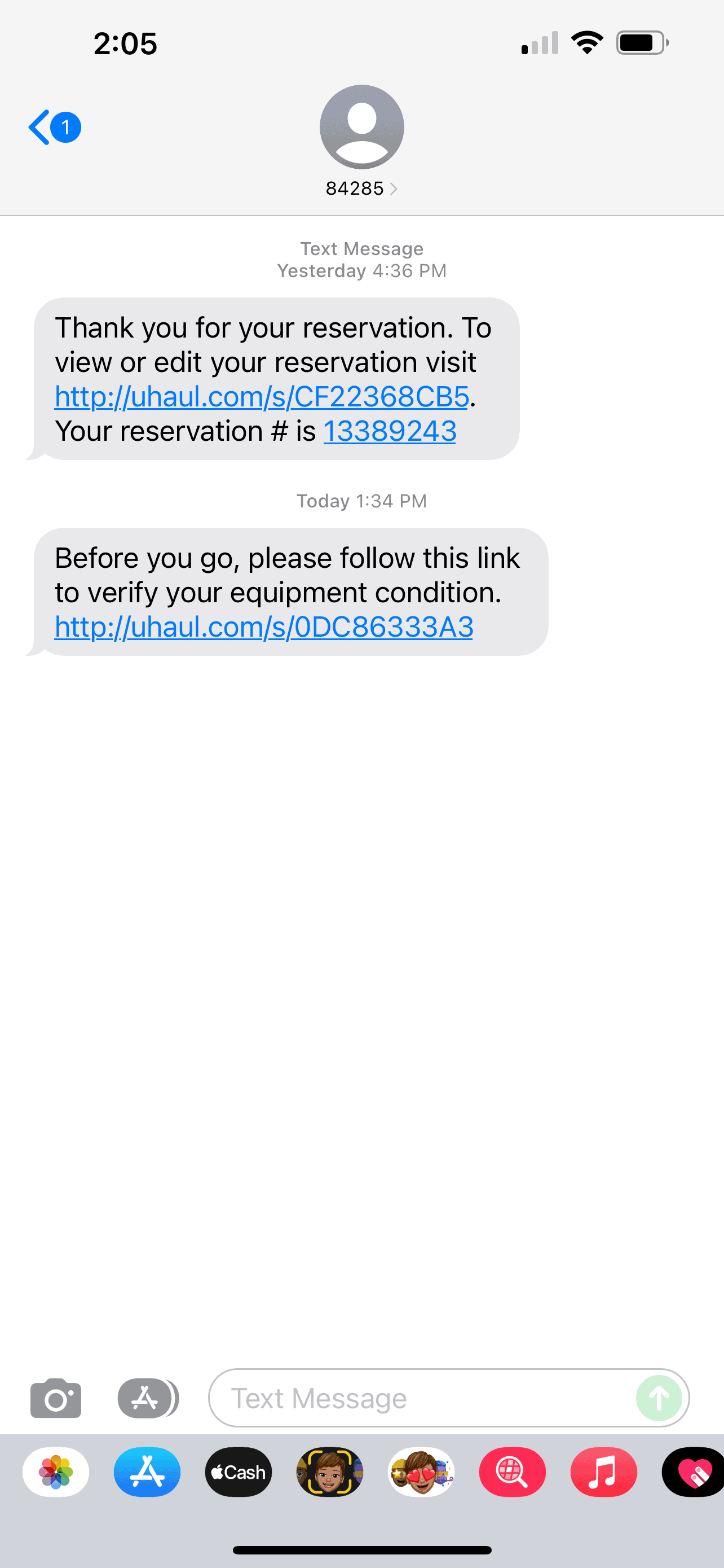 U-Haul reservation text