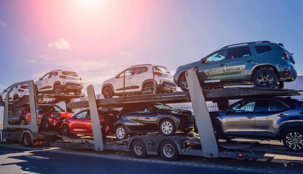 An image of two decks of cars loaded into a trailer