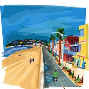 an illustration of a boardwalk next to a Pacific Ocean beach. Colorful homes line the street. 