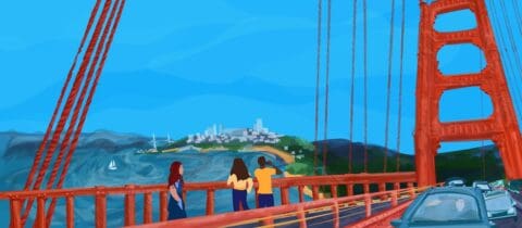 an illustration of people overlooking a city from the Golden Gate Bridge