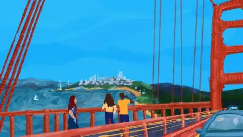 an illustration of people overlooking a city from the Golden Gate Bridge