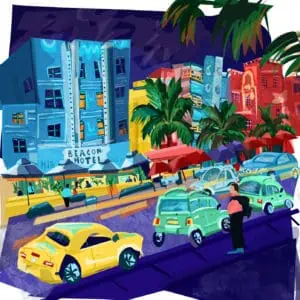 Illustration of a street in Miami with cars and buildings in the background.