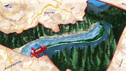 in illustration of a car moving through the idaho countryside