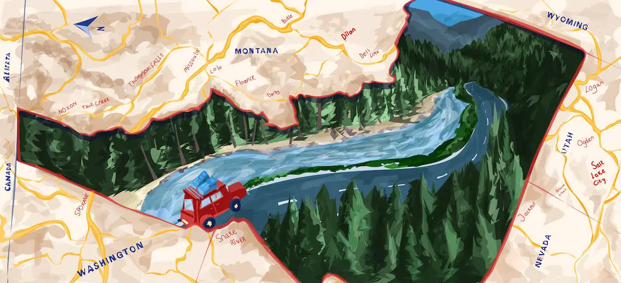 in illustration of a car moving through the idaho countryside