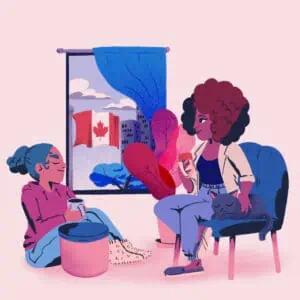 an illustration of two people sitting in a living room. the canadian flag can be seen waving outside the window.