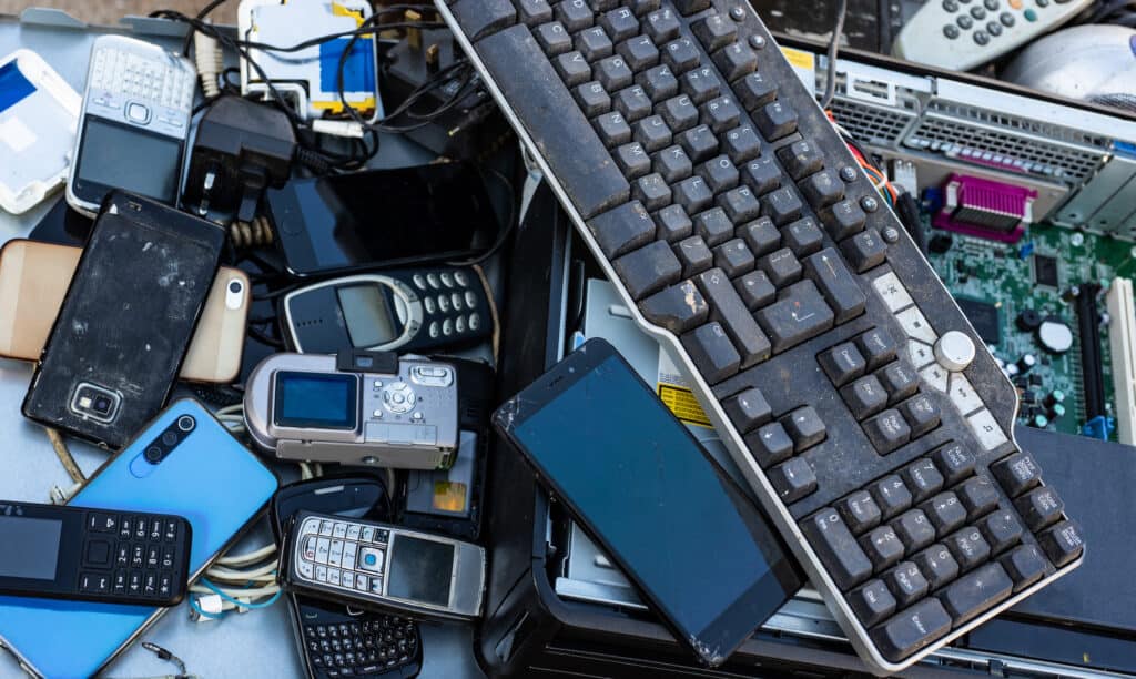 a pile of electronic waste, including various models of cell phones, a keyboard, and pc tower