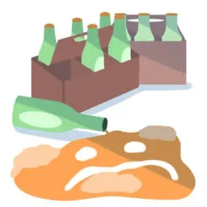an illustration of two six packs of green beer bottles. One has spilled, and the reflection on the alcohol's surface looks like a frowning face.