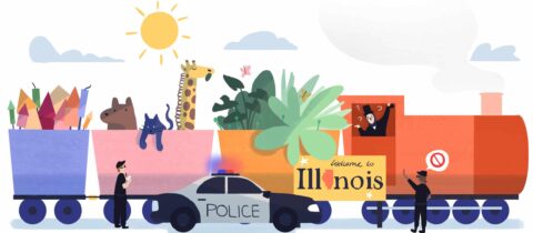 an illustration of a train stopped beside police cars and a Welcome to Illinois sign. In the train cars there are various plants, fruits and vegetables, and a giraffe, cat, and dog. the train conductor is shrugging at the police officer pointing at the contents.