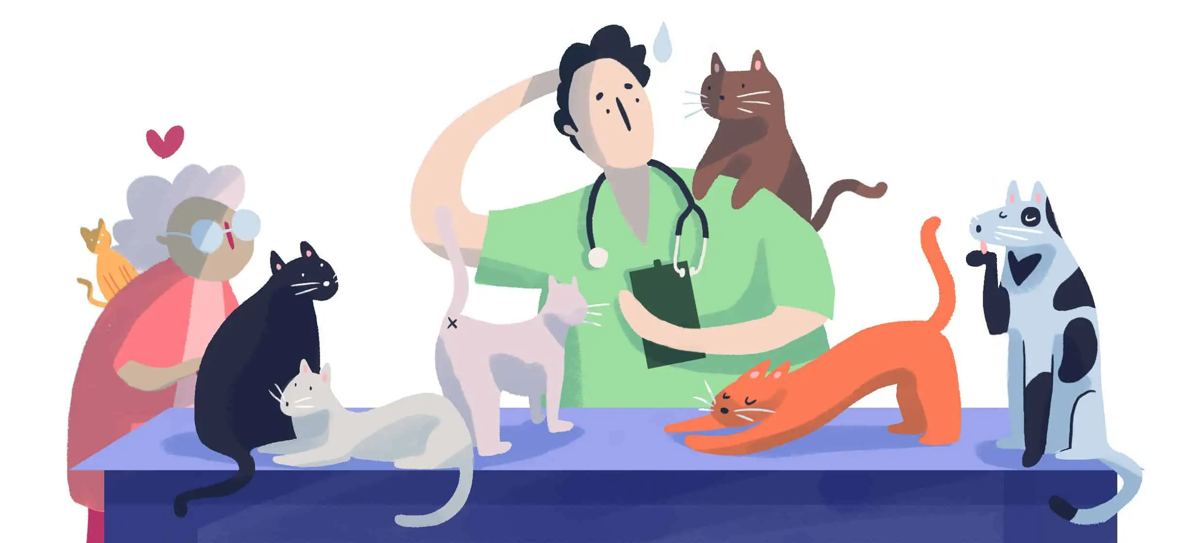 an illustration of a vet looking over various cats and dogs to give them a CVI, which is necessary for them to enter Illinois legally 