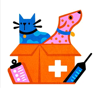 An illustration of a blue cat and pink dog sitting together in a box. There is a stylized clipboard and vaccine syringe on either side of it. 