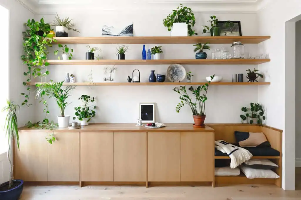 a section of a room with three levels of floating shelves set above a countertop. Both are decorated with plants in white planters and small vases. 