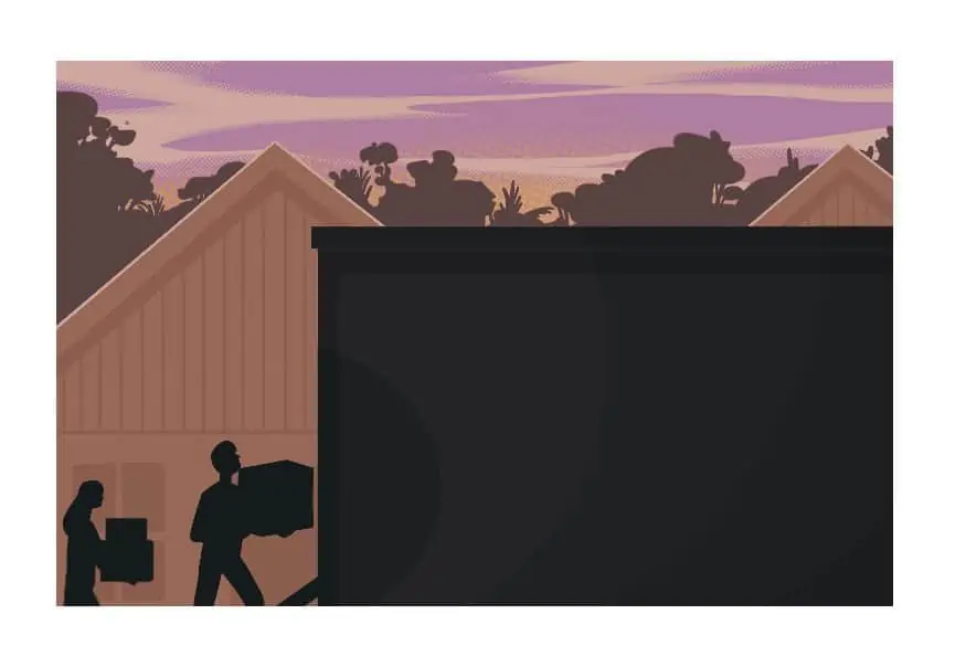 an illustration of two people loading boxes into a moving truck. They and the truck are cast in shadow while the background of houses and trees is in evening light