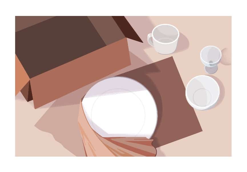 eine Illustration von weißen Tellern und Tassen, die in braunes Packpapier eingewickelt werden.  In der Nähe steht ein derzeit leerer Karton