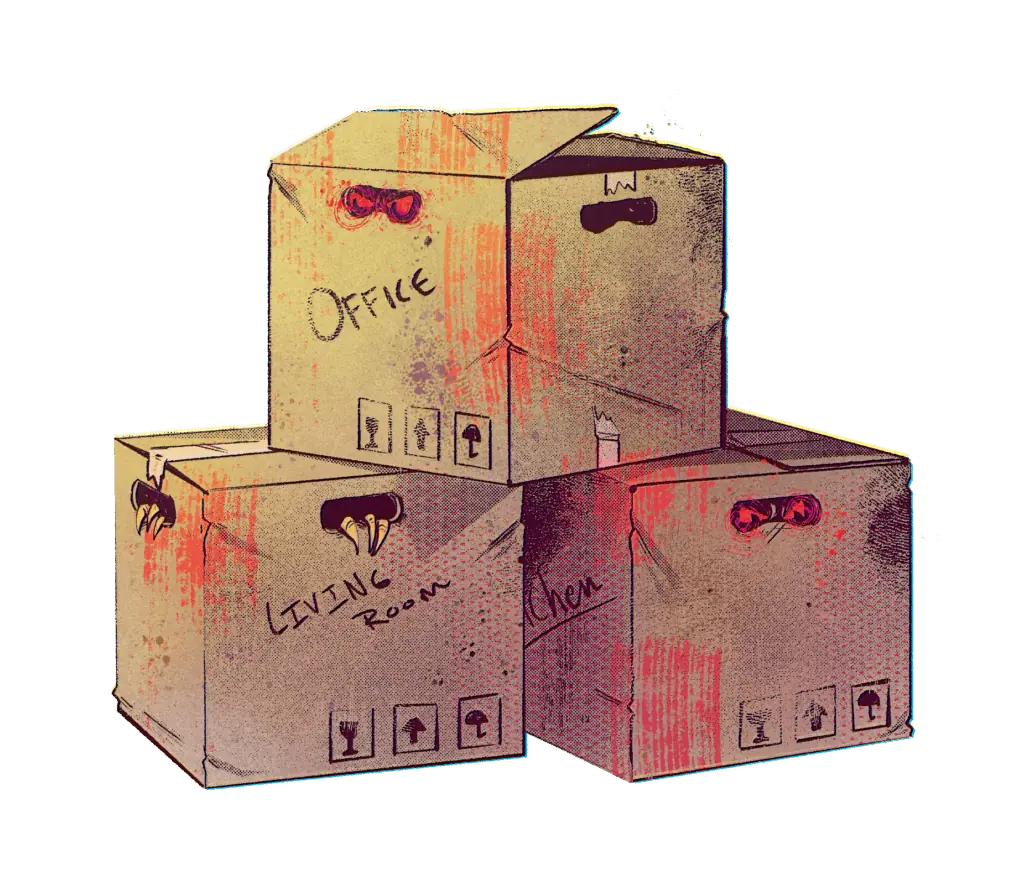 an illustration of cardboard boxes stacked on top of each other. They're worn and dirty, and red eyes are peeking out of the handles, to invoke a tangible image of a moving scam lurking. 