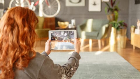 a woman looks through a room through the camera of her tablet that she'd holding up. There is a bike and green and white upholstered chairs in the shot