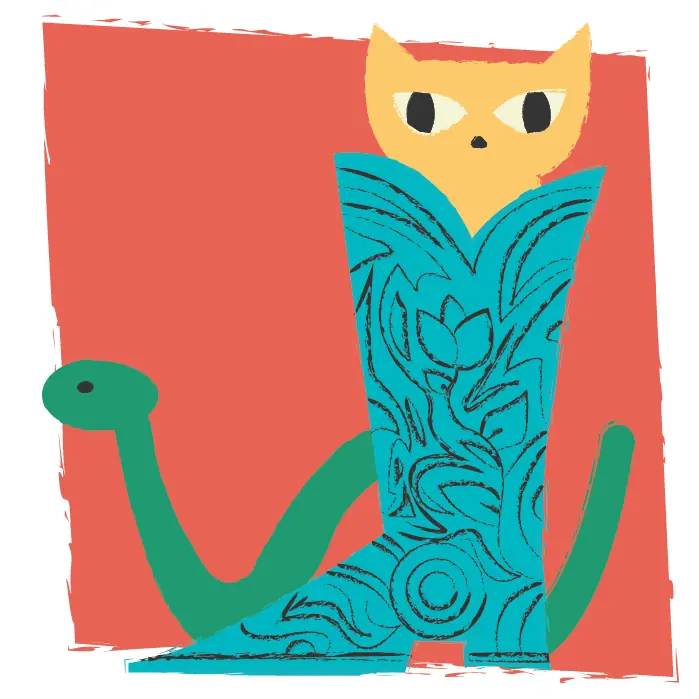 an illustration depicting an orange cat peeking out of a blue cowboy boot. A snake slithers along behind the boot.