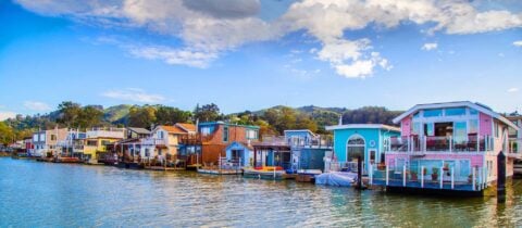 a neighborhood of colorful floating homes on a harbor