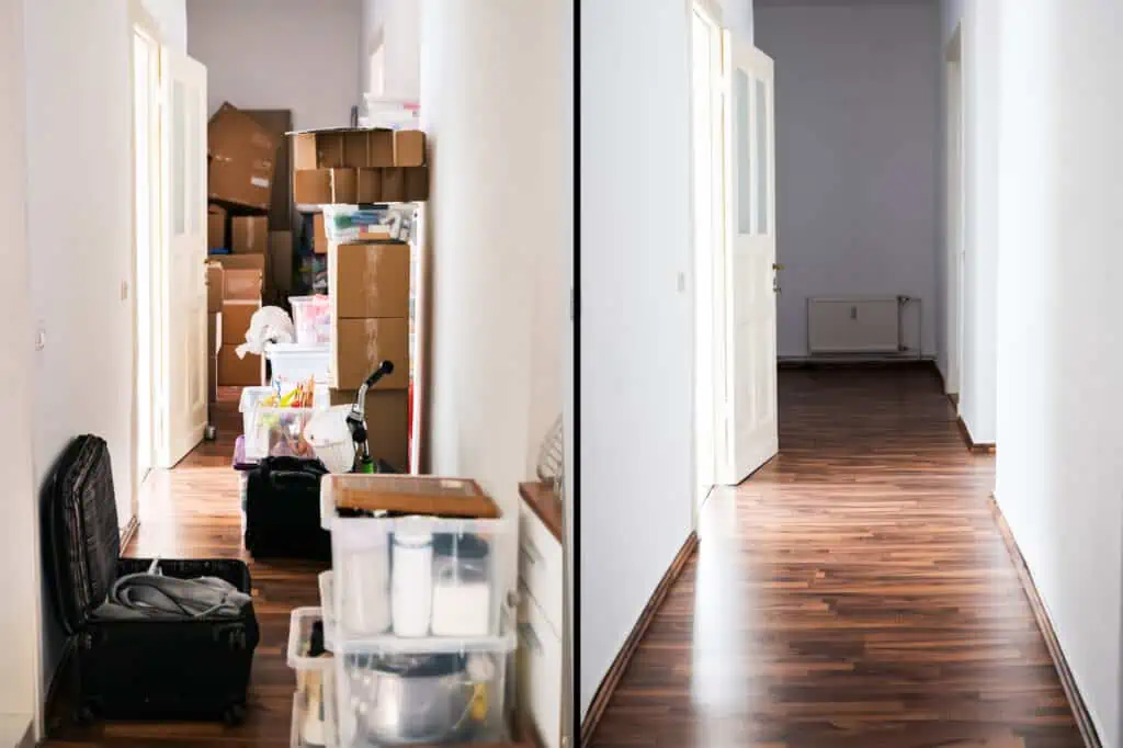 a side by side comparison of hallway filled with enough boxes and miscellaneous items to fill a room, and the same hallway but empty of all the items