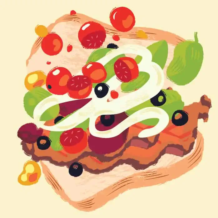 an illustration of a sandwich filled with roast beef, olives, tomatoes, lettuce, and bread