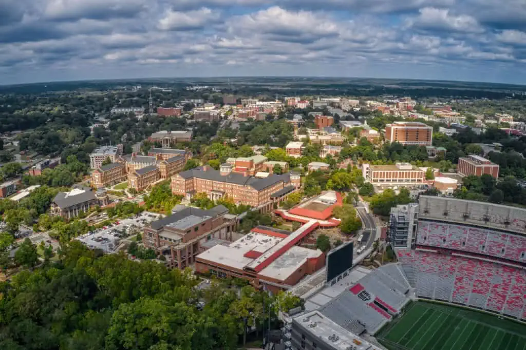 areal view of athens, GA and a university football stadium