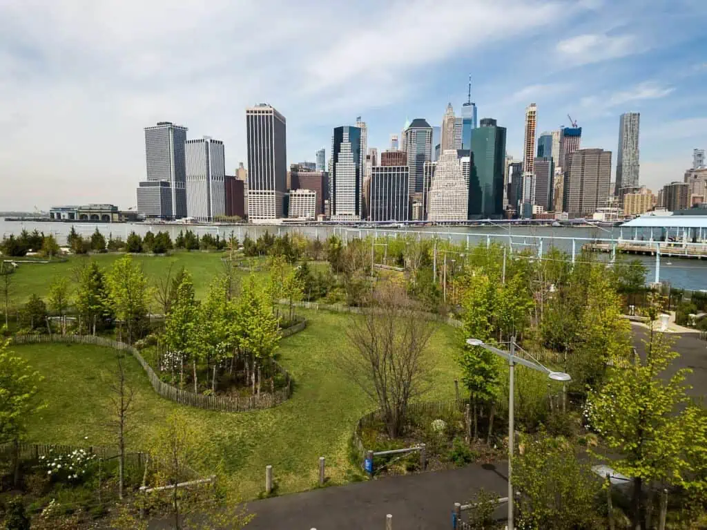 a view of a park on pier 6 in the cobble hill neighborhood of brooklyn. the manhattan downtown skyline can be seen across the water.