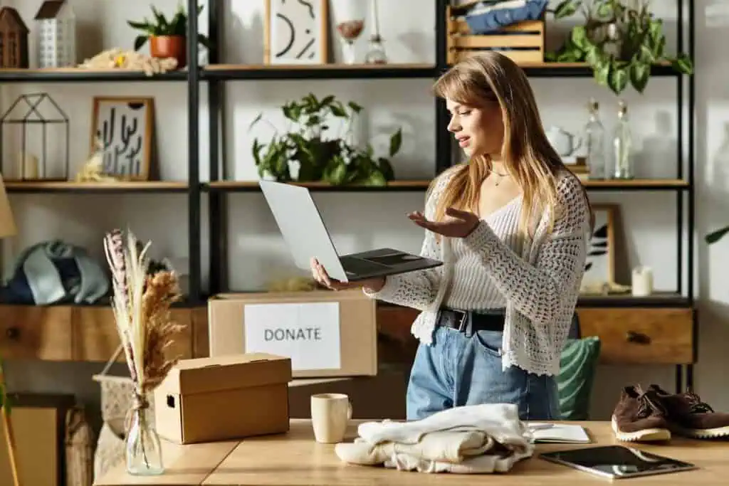 A woman looks at a computer with a puzzled look. A box of donated items is in the background