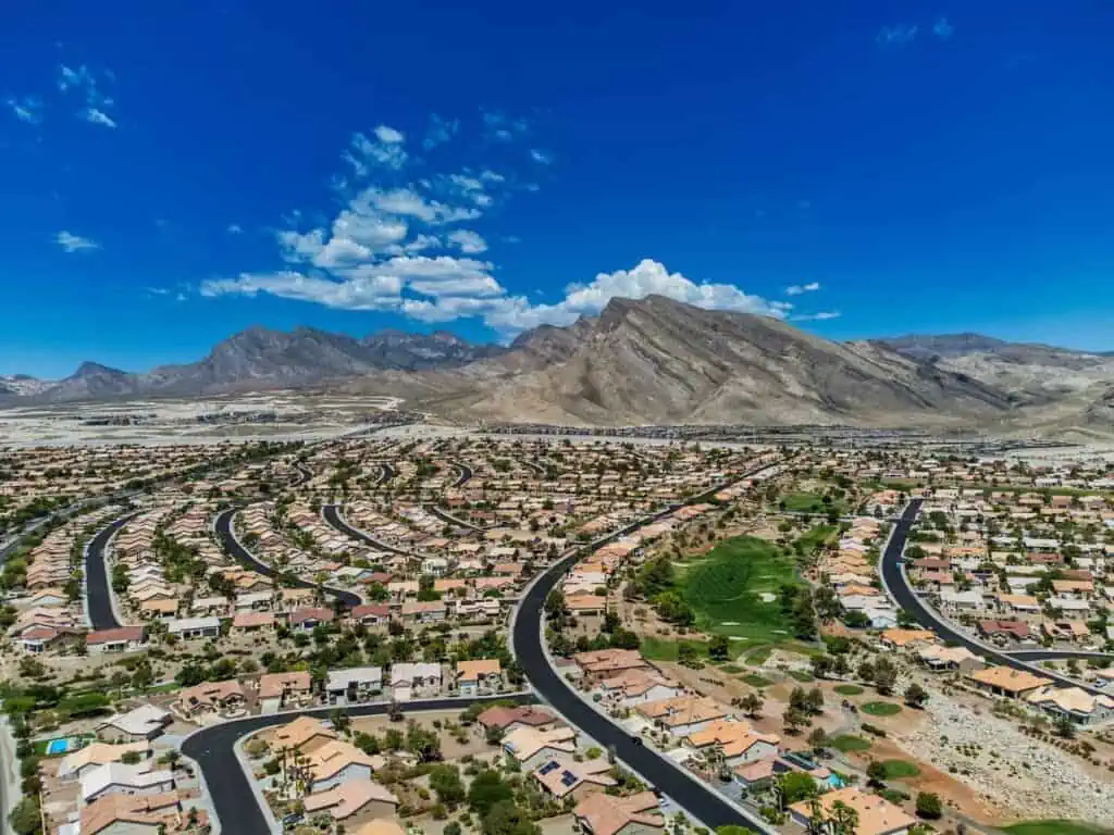 An arial view of the homes and a golf course in the Summerlin neighborhood of Las Vegas