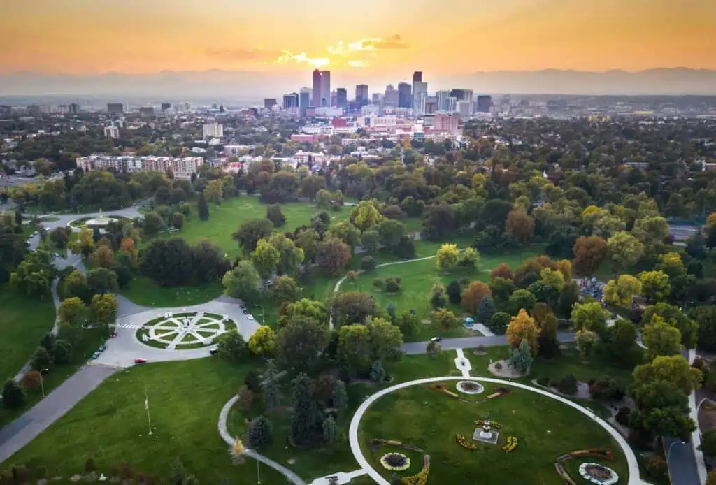 an arial view of denver's city park at sunset