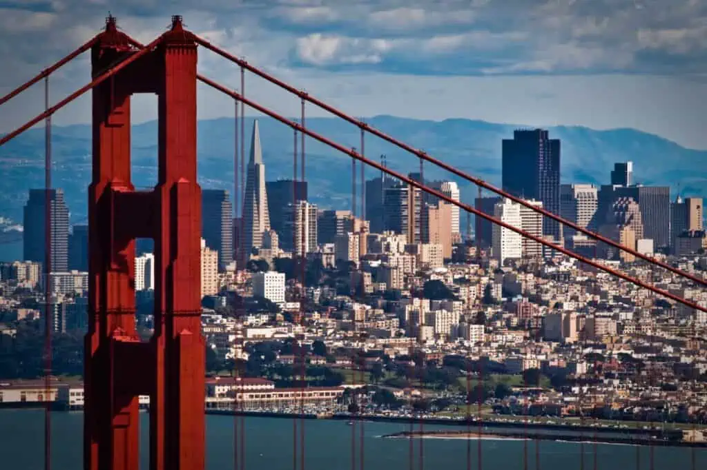 The downtown and financial district skyline of San Francisco seen through the Golden Gate Bridge