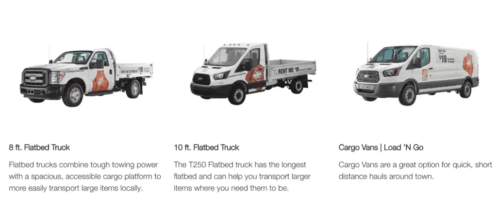 the options for Home Depot's moving trucks