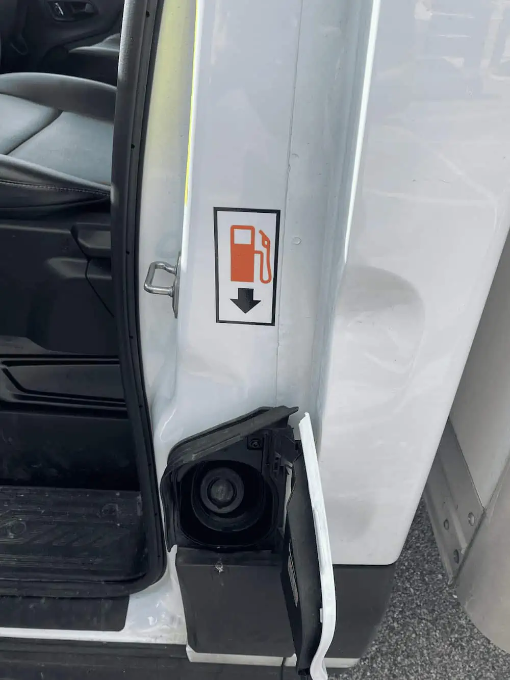 a photo of the location of the gas tank fuel inlet on a Home Depot moving truck
