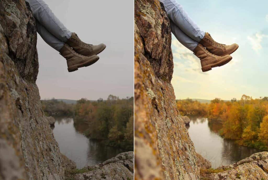 a before and after photograph of someone hanging their legs off of a ledge that has been color corrected