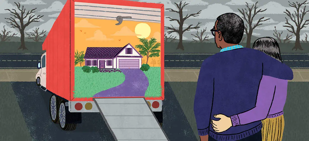 an illustration of an elderly couple looking into the back of a moving truck. Inside is an idyllic view of a home at sunset.