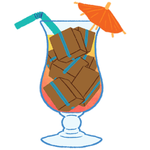 an illustration of a colorful cocktail, but the ice cubes are depicted as moving boxes