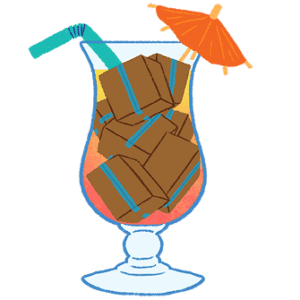 an illustration of a colorful cocktail, but the ice cubes are depicted as moving boxes