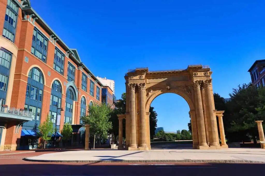 The Union Station arch in Columbus, OH's Arena District neighborhood