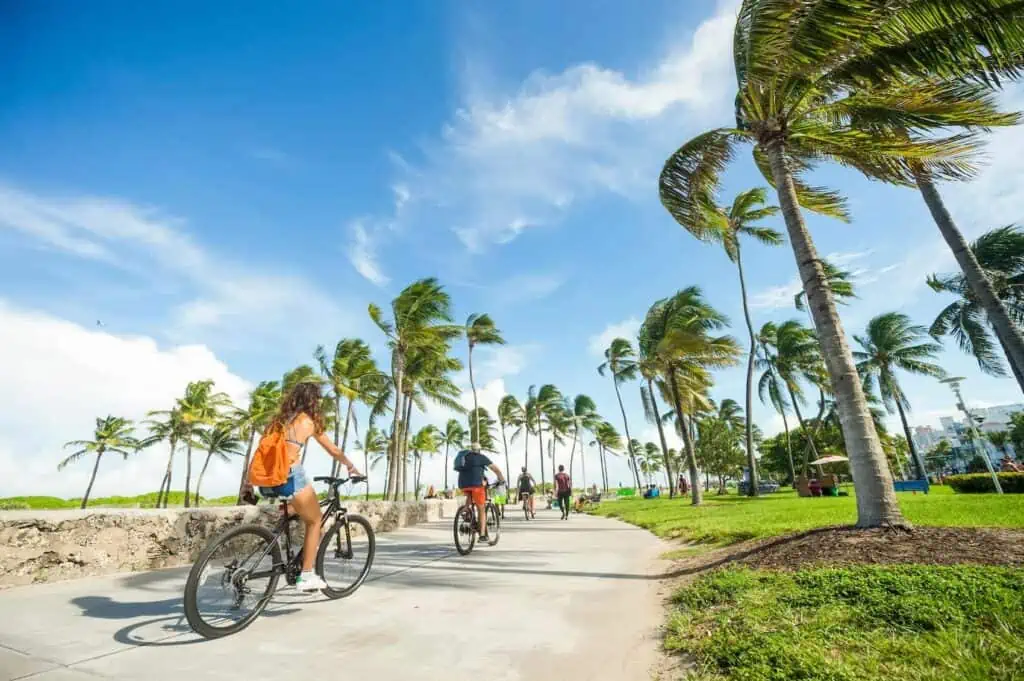 People ride their bikes along a florida beach path lined by palm trees