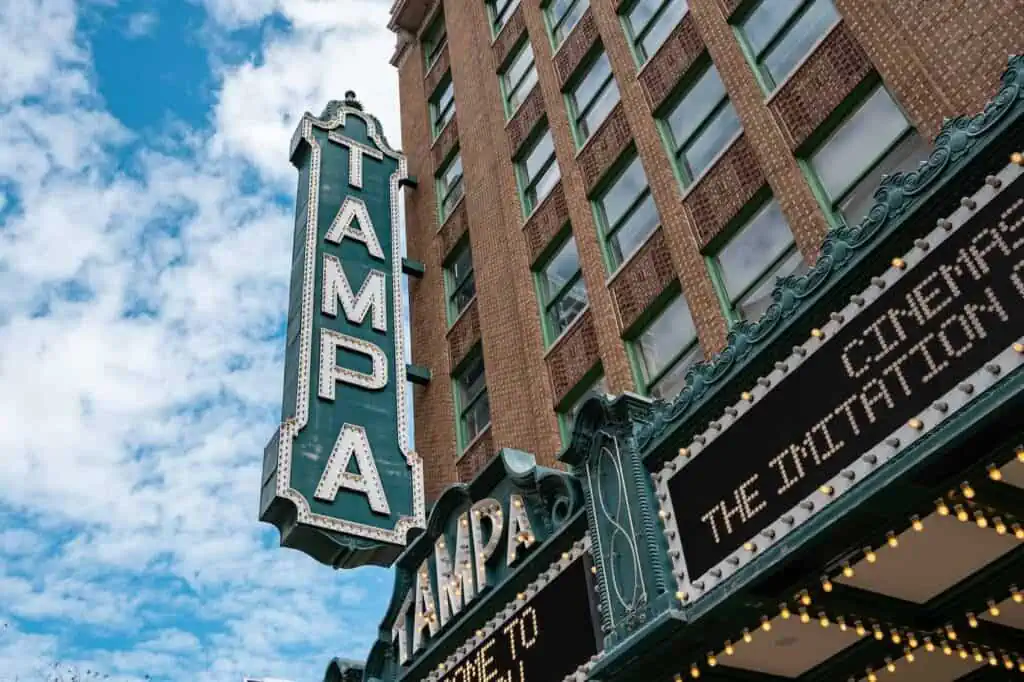 The sign of the Tampa theater and building located in downtown Tampa, FL
