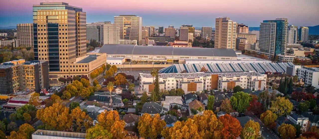 A view of the San Jose skyline at dawn