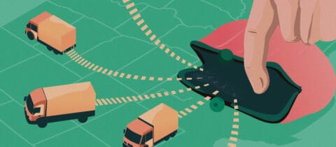 An illustration showing moving trucks exiting a pink coin purse to drive across a map of the USA