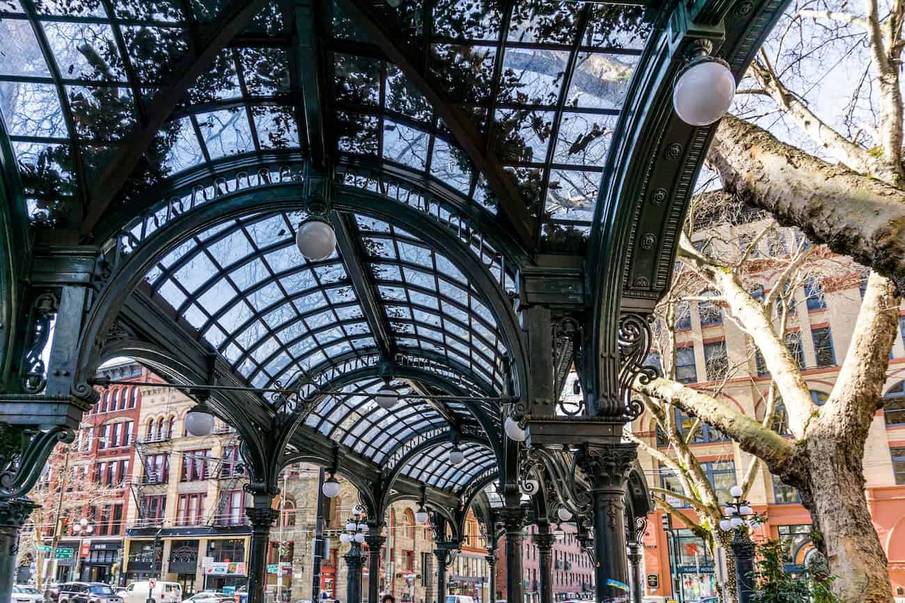 A view of the Pergola and other buildings in the Pioneer Square neighborhood of seattle
