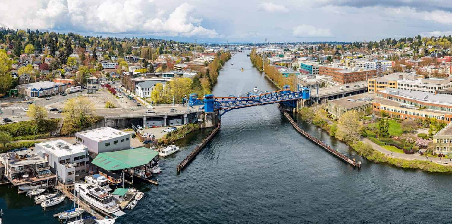 A view of the Fremont Bridge and neighborhood in Seattle