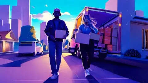 an illustration of a man and a woman carrying boxes down a street next to a moving truck