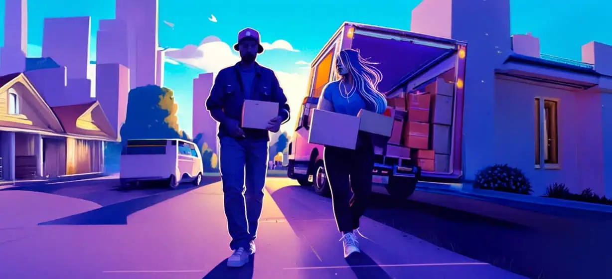 an illustration of a man and a woman carrying boxes down a street next to a moving truck