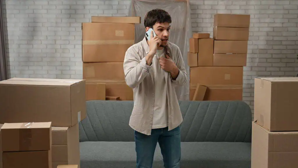 a man angrily talks on the phone while surrounded by moving boxes