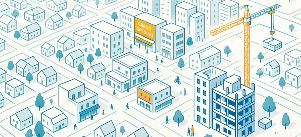 an illustration of a city being built up with some of the highlights, like storefronts, banners, and a crane, highlighted in yellow