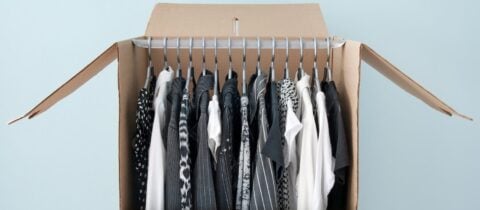 an image of a wardrobe box filled with black, white, and gray clothes hanging inside