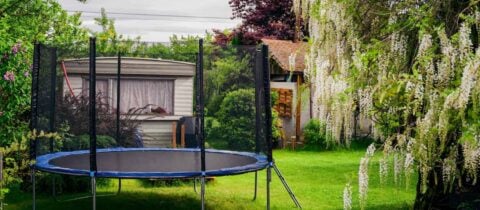 A trampoline with a net sits in the corner of a backyard with a green lawn and trees